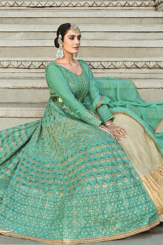 Alluring Art Silk Fabric Sea Green Color Function Wear Anarkali Suit With Embroidered Work