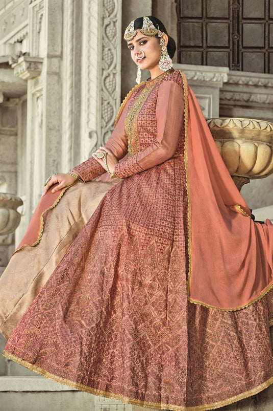 Peach Color Art Silk Fabric Function Wear Embroidered Elegant Anarkali Suit