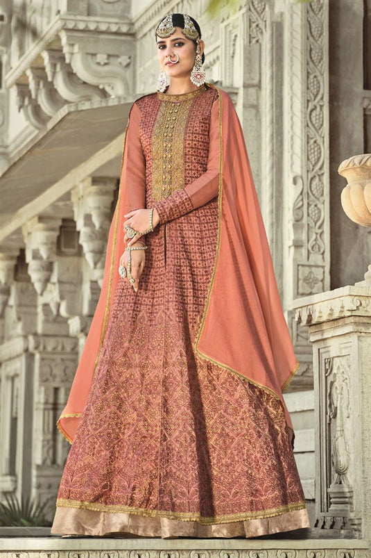 Peach Color Art Silk Fabric Function Wear Embroidered Elegant Anarkali Suit