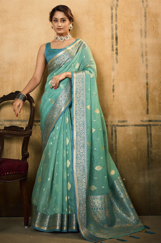 Light Cyan Color Captivating Function Wear Saree In Tissue Fabric