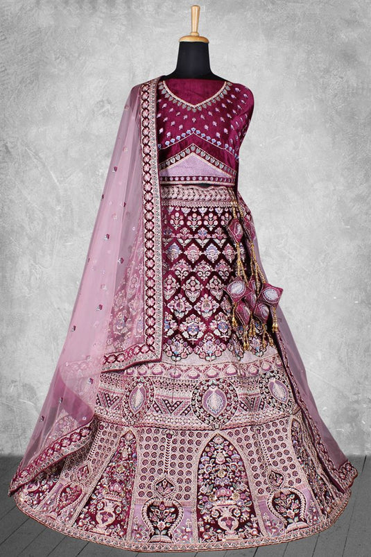 Buy Wine Color Velvet Fabric Wedding Look Miraculous Bridal Lehenga