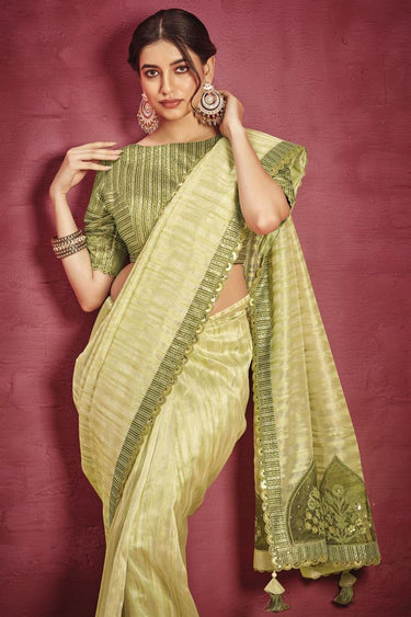 Organza Fabric Green Color Riveting Saree With Border Work