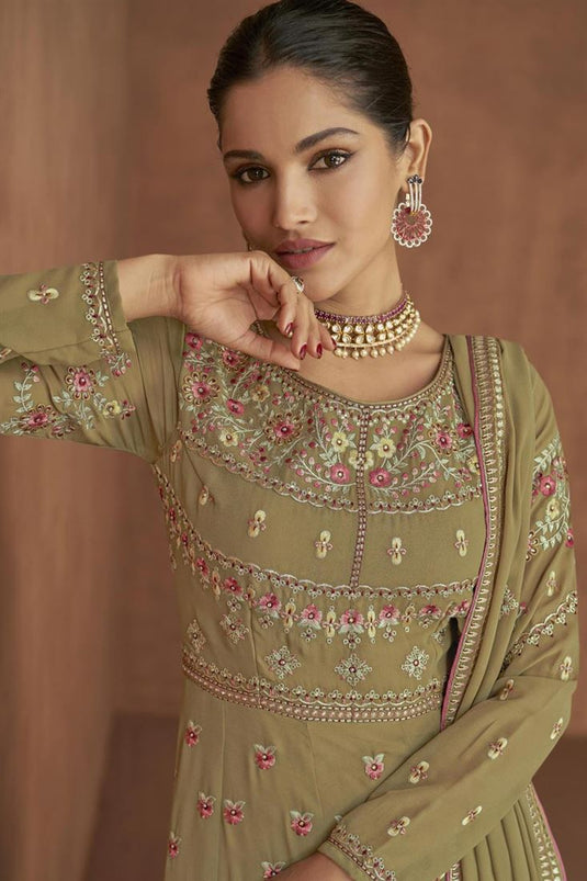 Vartika Singh Olive Color Embroidered Charismatic Georgette Anarkali Suit