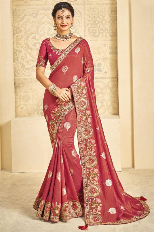 Art Silk Fabric Party Style Mesmeric Saree In Red Color