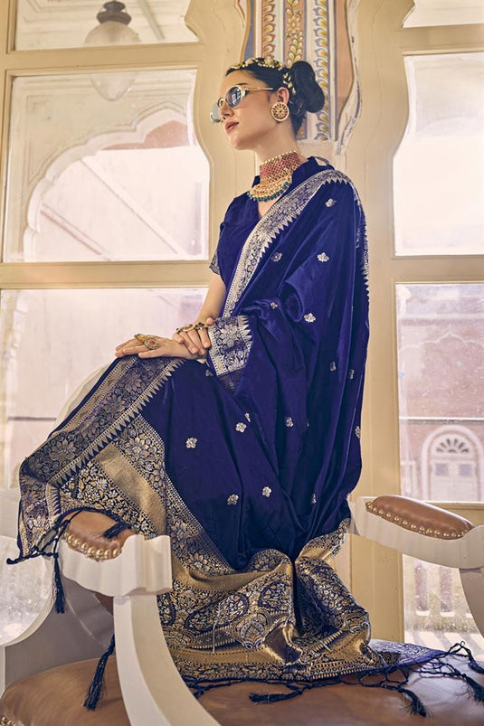 Amazing Blue Color Satin Silk Fabric Saree With Weaving Work