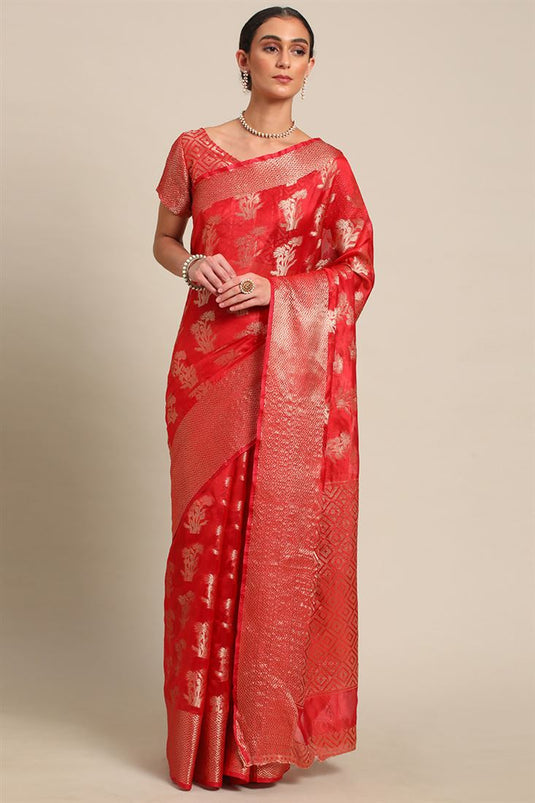 Red Color Organza Fabric Pleasant Banarasi Weaving Saree
