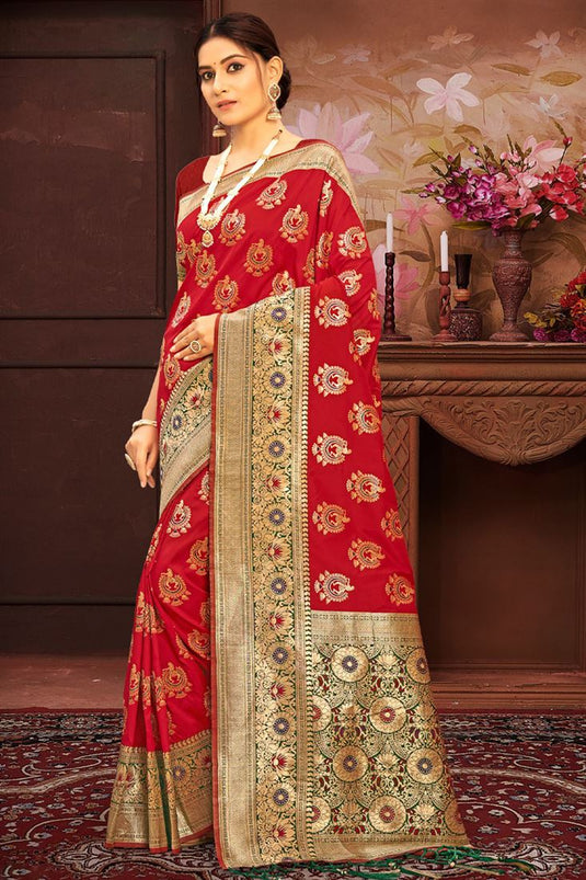 Maroon Color Banarasi Silk Ingenious Saree With Weaving Work
