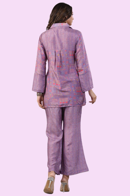 Exclusive Purple Color Designer Printed Readymade Co Ord Set