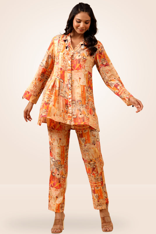 Exclusive Orange Color Luxury Printed Designer Readymade Co Ord Set