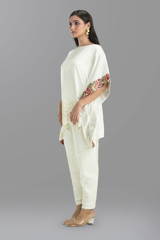 Exclusive Off White Cotton Fabric Printed Mandarin Collar Kaftan Style Readymade Co Ord Set