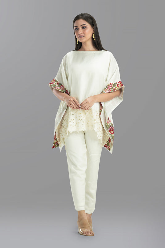 Exclusive Off White Cotton Fabric Printed Mandarin Collar Kaftan Style Readymade Co Ord Set