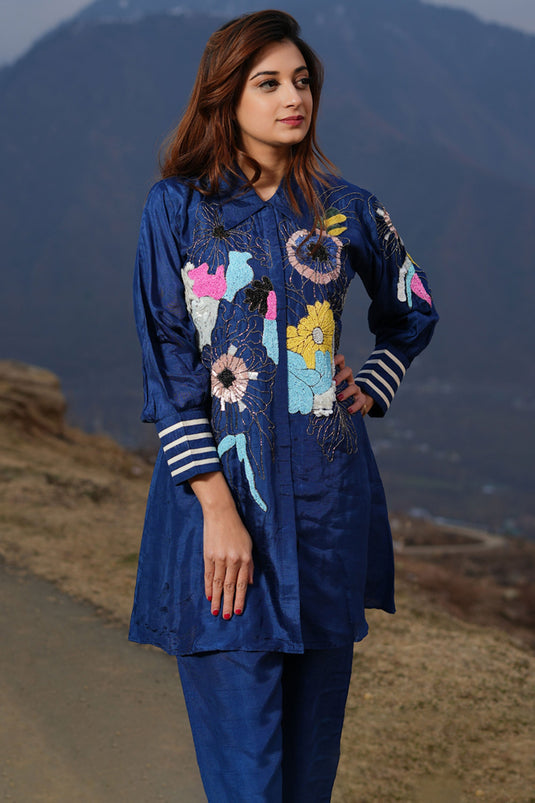 Exclusive Dark Blue Silk Embroidered Co-Ord Set