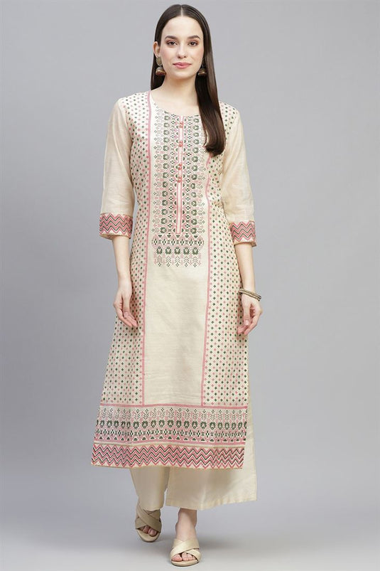 Beige Color Chanderi Fabric Daily Wear Fancy Kurti With Palazzo