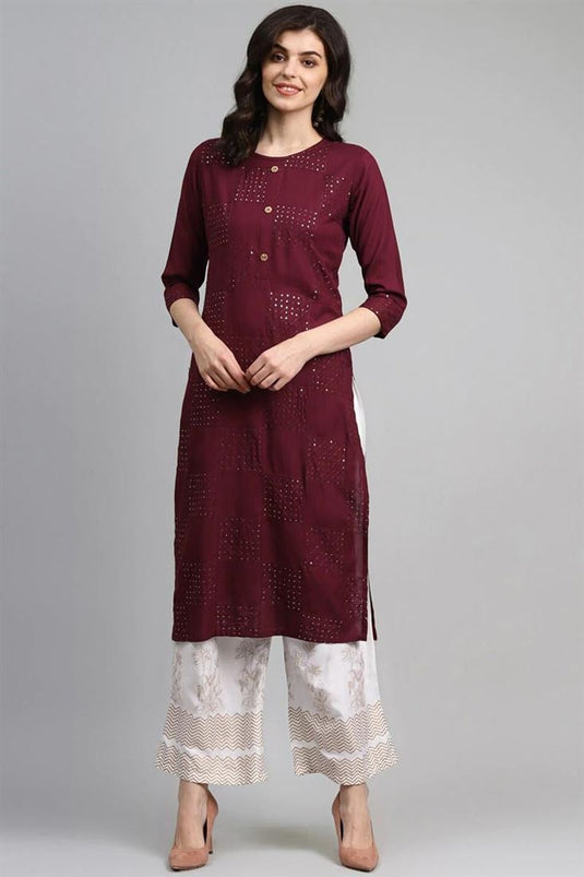 Casual Wear Maroon Color Rayon Fabric Fancy Kurti Bottom Set