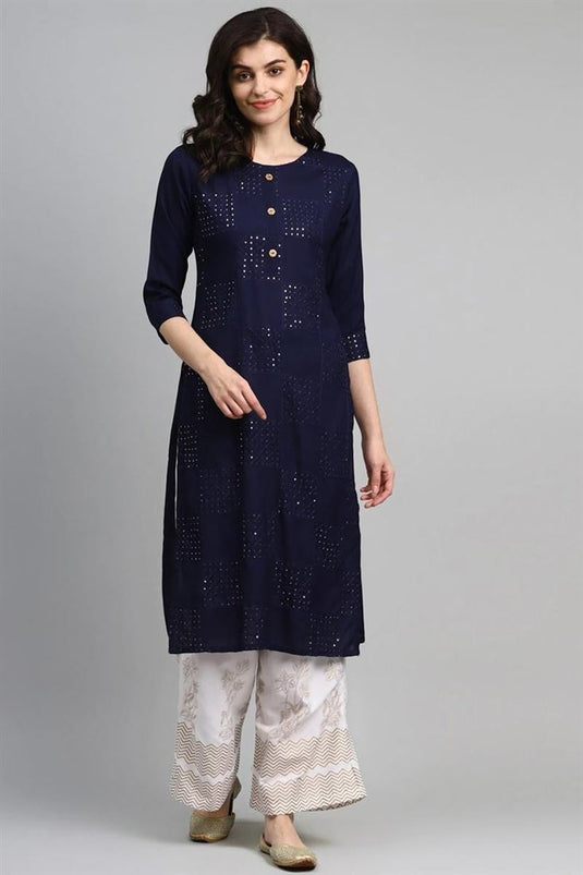 Readymade Navy Blue Color Kurti Bottom Set In Rayon Fabric