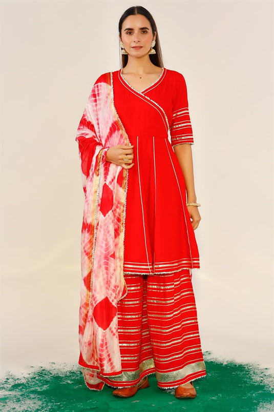 Engaging Red Color Rayon Fabric Printed Top Bottom Dupatta Set