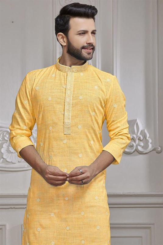 Appealing Mustard Color Cotton Fabric Embroidered Kurta Pyjama