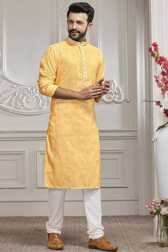 Appealing Mustard Color Cotton Fabric Embroidered Kurta Pyjama