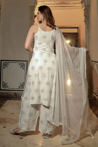 Off White Color Beautiful Cotton Readymade Top Bottom Dupatta Set