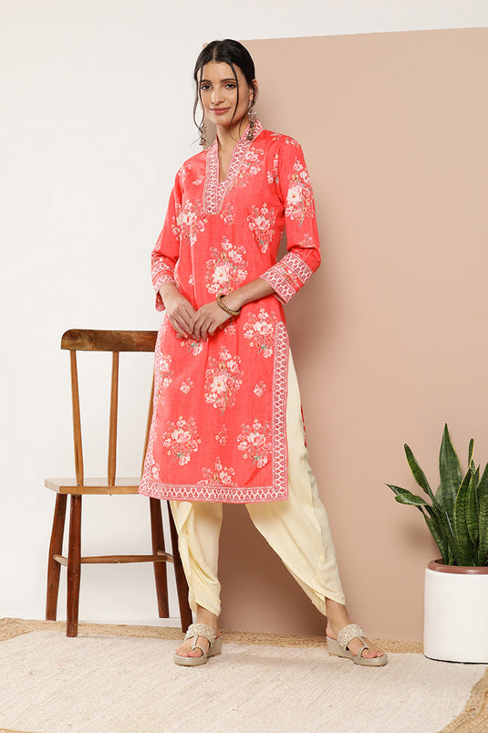 Exclusive Red Color Printed Crepe Fabric Readymade Kurti Bottom Set