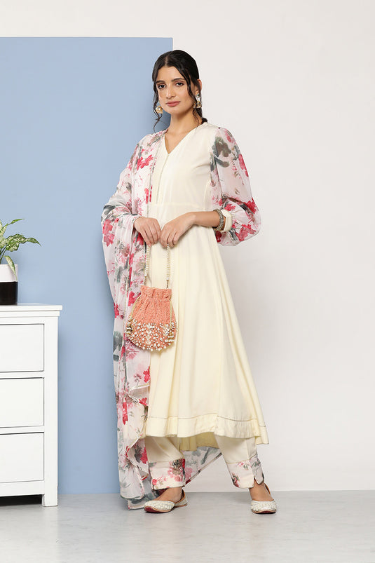 Exclusive Cream Color Crepe Fabric Readymade Kurti Bottom Set