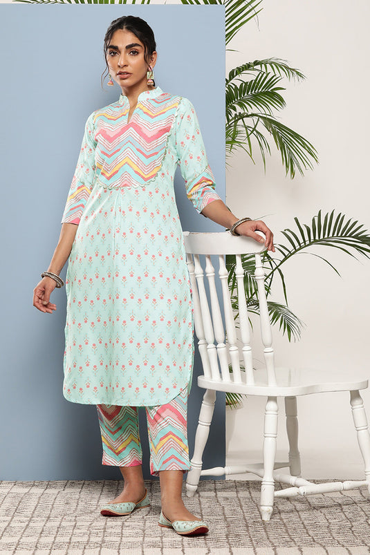 Exclusive Sky Blue Color Crepe Fabric Function Printed Top With Bottom Set