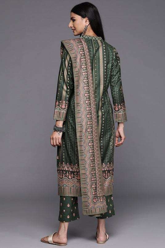 Exclusive Green Color Velvet Fabric Casual Wear Printed Readymade Top With Bottom Dupatta Set