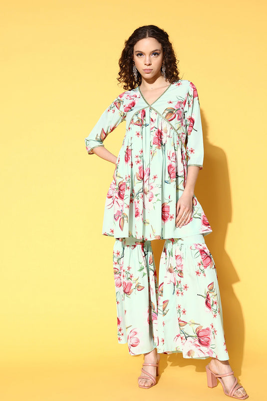 Exclusive Sea Green Color Crepe Fabric Casual Wear Printed Readymade Top With Bottom Set