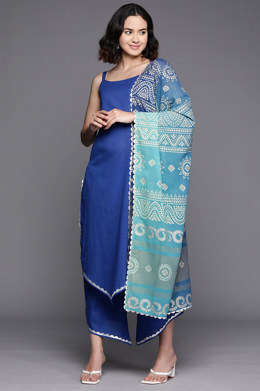 Exclusive Blue Cotton Fabric Festive Wear Solid Readymade Top With Bottom Dupatta Set