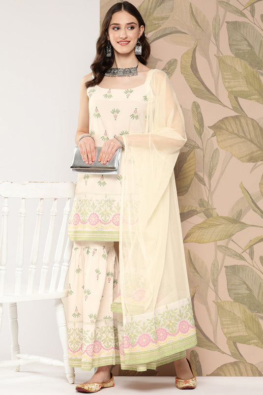 Exclusive Off White Crepe Fabric Daily Wear Floral Printed Readymade Top With Bottom Dupatta Set