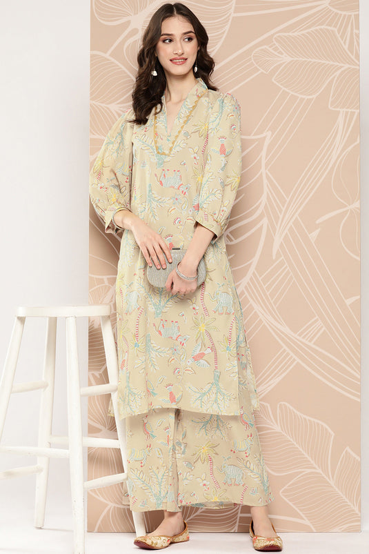 Exclusive Beige Crepe Fabric Casual Wear Floral Printed Readymade Top With Bottom Set