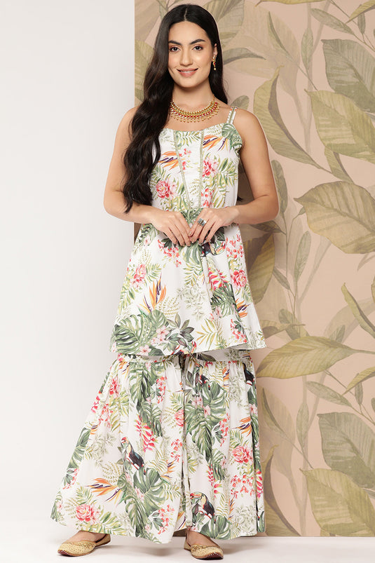 Exclusive White Crepe Fabric Function Wear Floral Printed Readymade Top With Bottom Set