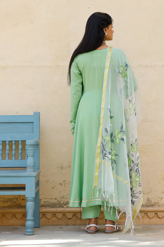 Exclusive Sea Green Color Cotton Fabric Hand Printed Readymade Top With Bottom Dupatta Set