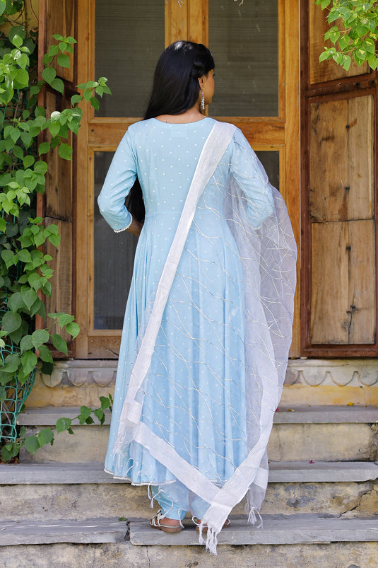 Exclusive Sky Blue Color Rayon Fabric Fancy Self Work Readymade Top With Bottom Dupatta Set