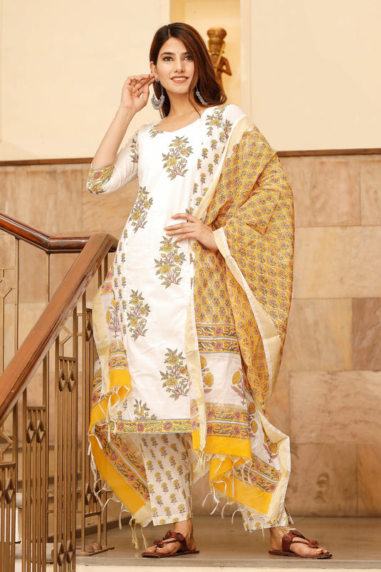 Exclusive Cream Color Cotton Fabric Floral Hand Block Printed Readymade Top With Bottom Dupatta Set