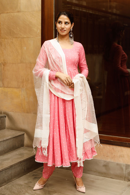 Exclusive Pink Color Rayon Fabric Polka Print Readymade Top With Bottom Dupatta Set