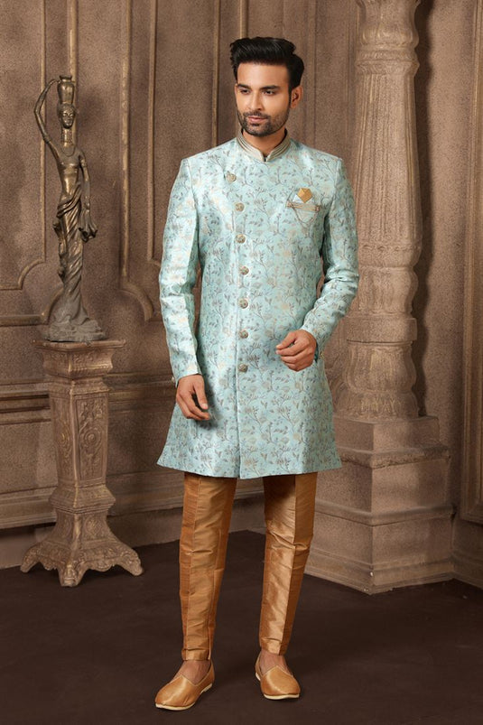 Light Cyan Color Jacquard Silk Fabric Reception Wear Readymade Indo Western For Men