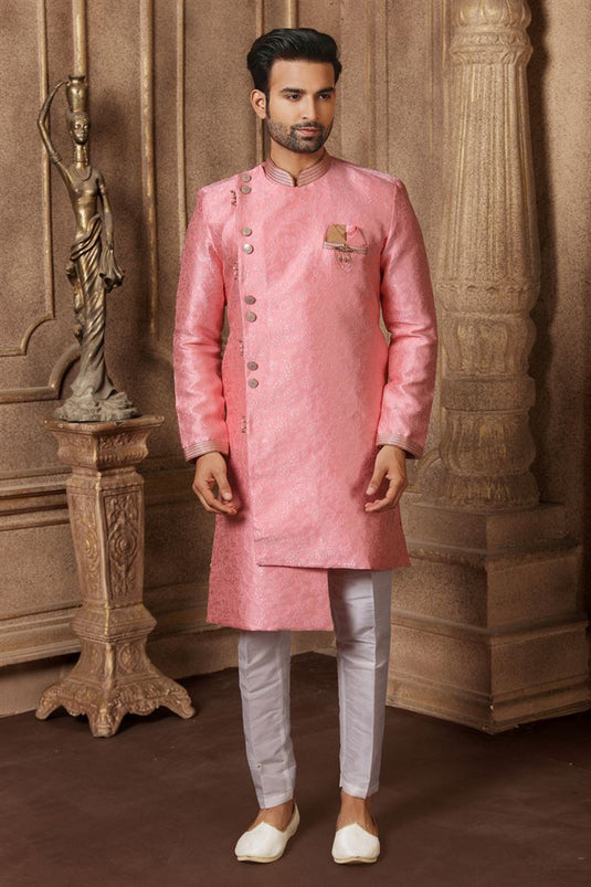 Pink Color Jacquard Silk Sangeet Wear Readymade Indo Western For Men