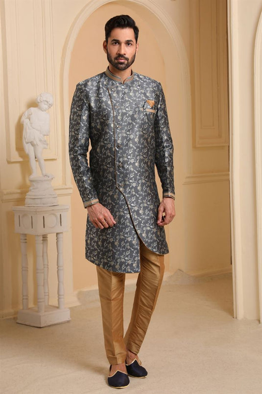 Grey Color Jacquard Silk Wedding Wear Readymade Indo Western For Men