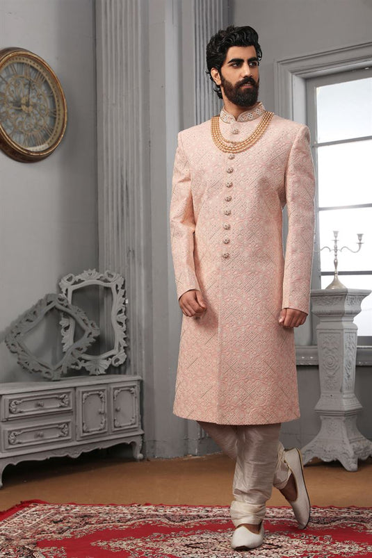 Majestic Pink Color Fancy Fabric Designer Groom Sherwani For Men