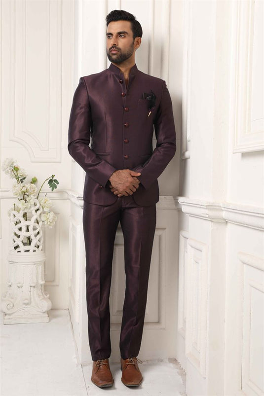 Brown Color Fancy Fabric Aloof Wedding Wear Jodhpuri Suit