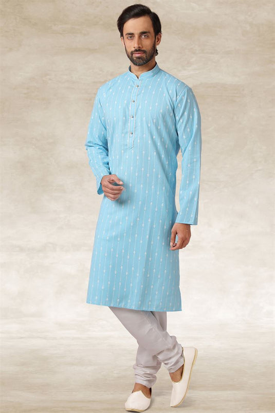 Cyan Color Cotton Fabric Ravishing Function Wear Kurta Pyjama With Printed Work