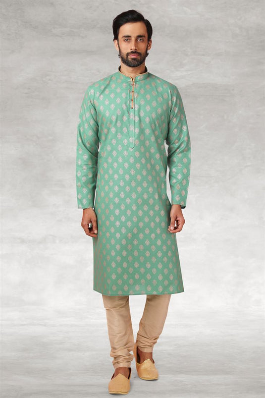 Cotton Fabric Brilliant Printed Work Function Wear Kurta Pyjama In Green Color