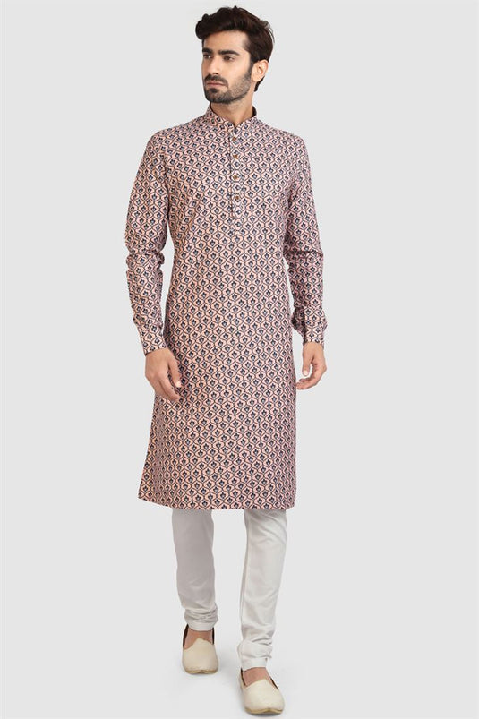 Radiant Peach Color Festival Wear Cotton Fabric Kurta Pyjama