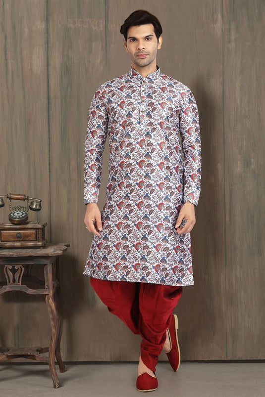 Classic Art Silk Fabric Sangeet Wear Off White Color Printed Kurta Pyjama