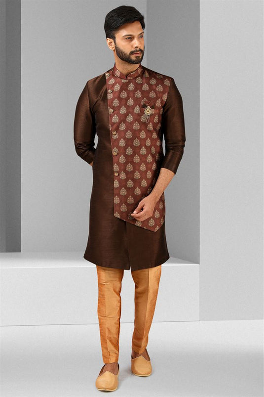 Art Silk Fabric Wedding Wear Brown Color Indo Western For Men