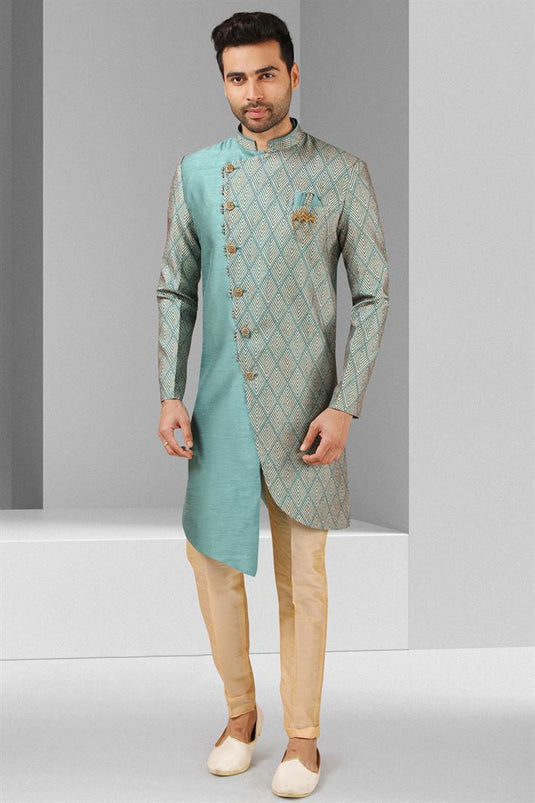 Sky Blue Color Art Silk Fabric Reception Wear Indo Western For Men