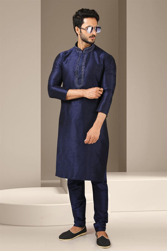 Fascinate Navy Blue Color Banarasi Art Silk Fabric Reception Wear Readymade Kurta Pyjama For Men