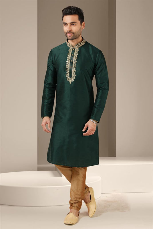 Glamorous Teal Color Banarasi Art Silk Fabric Function Wear Readymade Kurta Pyjama For Men