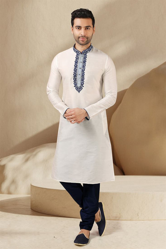 Magnificent Off White Color Banarasi Art Silk Fabric Wedding Wear Readymade Kurta Pyjama For Men